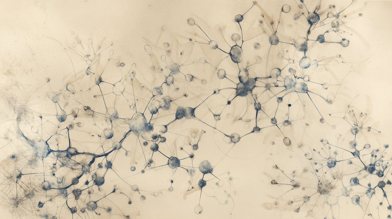 Abstract botanical-style scientific illustration of a sparse node-and-edge network in indigo ink on aged cream paper, evoking a relational graph of ideas.